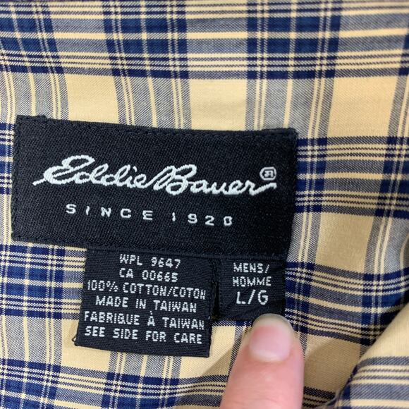 Vintage Eddie Bauer Shirt Mens L Large Navy Sand Plaid Long Sleeve Button Down - Picture 5 of 10